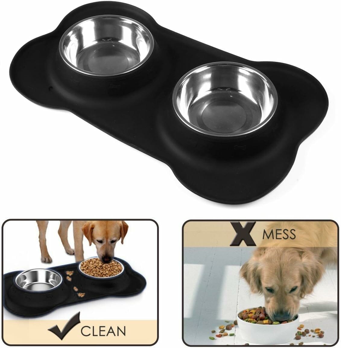 AsFrost Dog Food Bowls Stainless Steel Pet Bowls  Dog Water Bowls with No-Spill and Non-Skid, Feeder Bowls with Dog Bowl Mat for Small Medium Large Size Dogs Cats Puppy Pets, Dog Dishes, Black, 240z