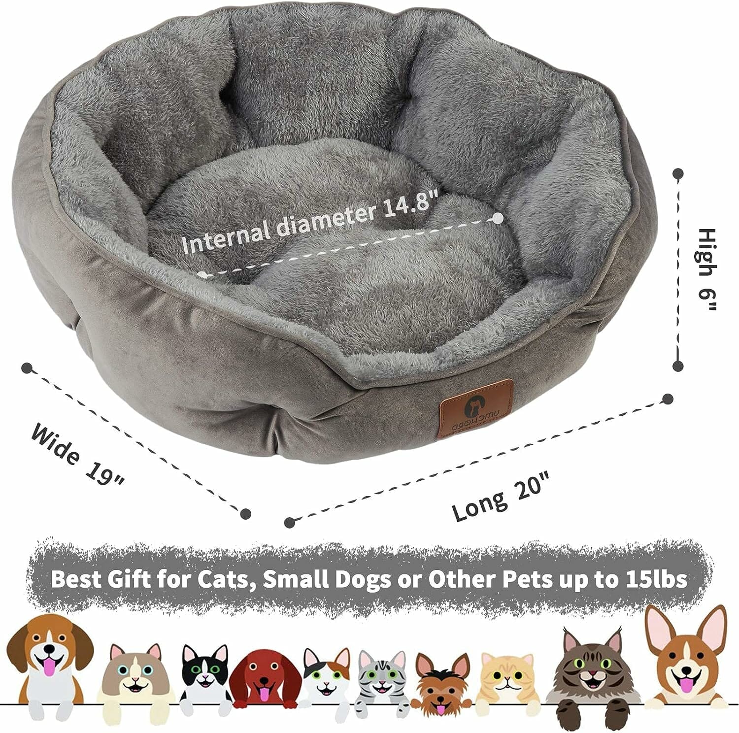 Asvin Small Dog Bed for Small Dogs, Cat Beds for Indoor Cats, Pet Bed for Puppy and Kitty, Extra Soft  Machine Washable with Anti-Slip  Water-Resistant Oxford Bottom, Grey, 20 inches