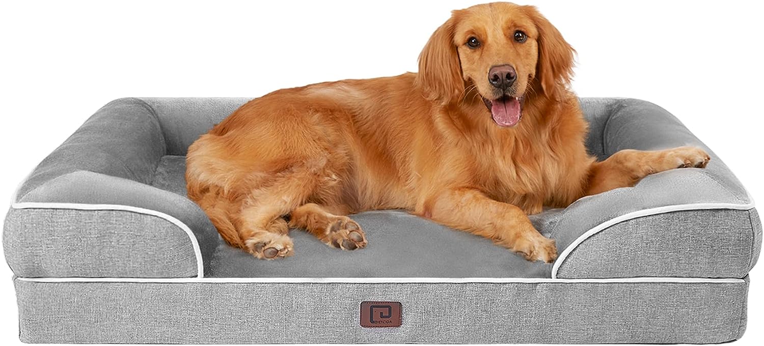 EHEYCIGA Orthopedic Dog Beds for Extra Large Dogs, Waterproof Memory Foam XL Dog Bed with Sides, Non-Slip Bottom and Egg-Crate Foam Big Dog Couch Bed with Washable Removable Cover, Grey