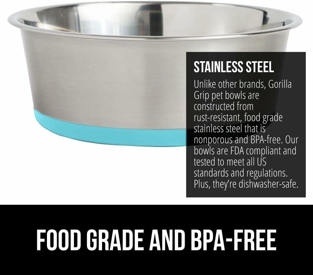 Gorilla Grip Stainless Steel Metal Dog Bowl Set of 2, Rubber Base, Heavy Duty, Rust Resistant, Food Grade BPA Free, Less Sliding, Quiet Pet Bowls for Cats and Dogs, Dry and Wet Foods 2 Cups, Turquoise