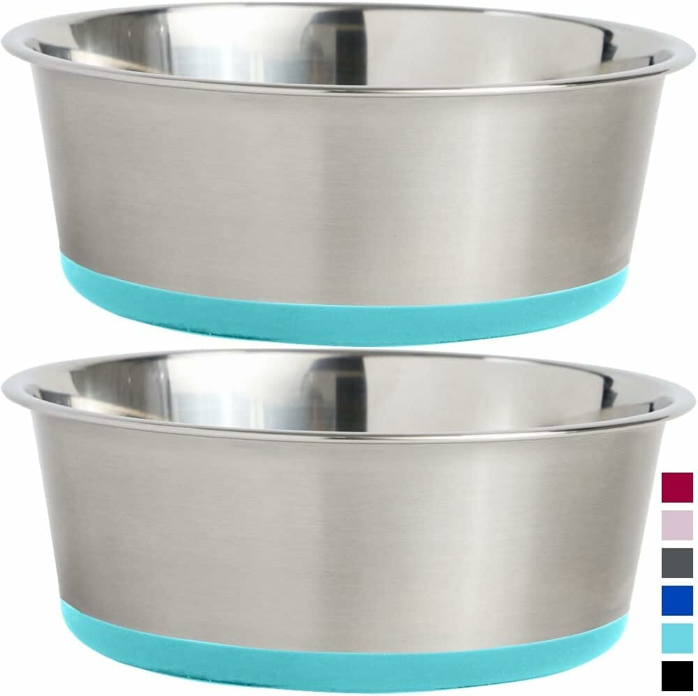 Gorilla Grip Stainless Steel Metal Dog Bowl Set of 2, Rubber Base, Heavy Duty, Rust Resistant, Food Grade BPA Free, Less Sliding, Quiet Pet Bowls for Cats and Dogs, Dry and Wet Foods 2 Cups, Turquoise