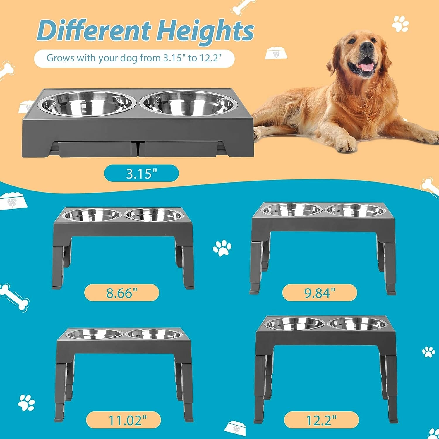 Niubya Elevated Dog Bowls with 2 Stainless Steel Dog Food Bowls, Raised Dog Bowl Adjusts to 5 Heights (3.15, 8.66, 9.84,11.02, 12.2) for Small Medium and Large Dogs