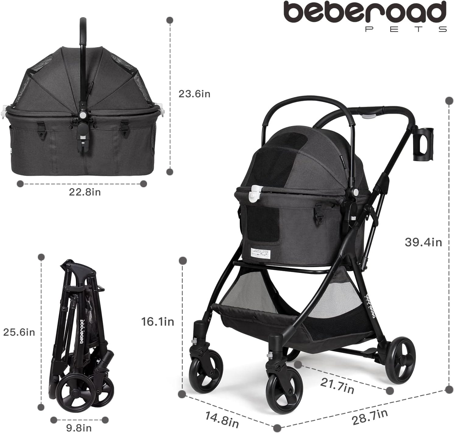 Beberoad Pets R5 Pet Stroller for Small Dogs  Cats 3-in-1 Travel Pet Stroller Lightweight Foldable Pet Stroller with Removable Carrier (Black)