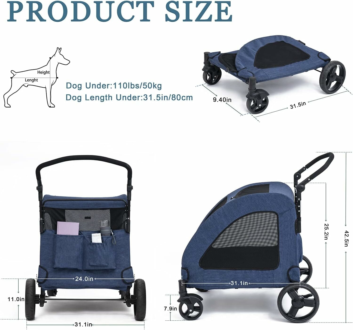 Dog Stroller for Medium Dogs up to 100lbs - Folding - Smooth Ride Extra Large Pet Strollers for Large 2 Dogs