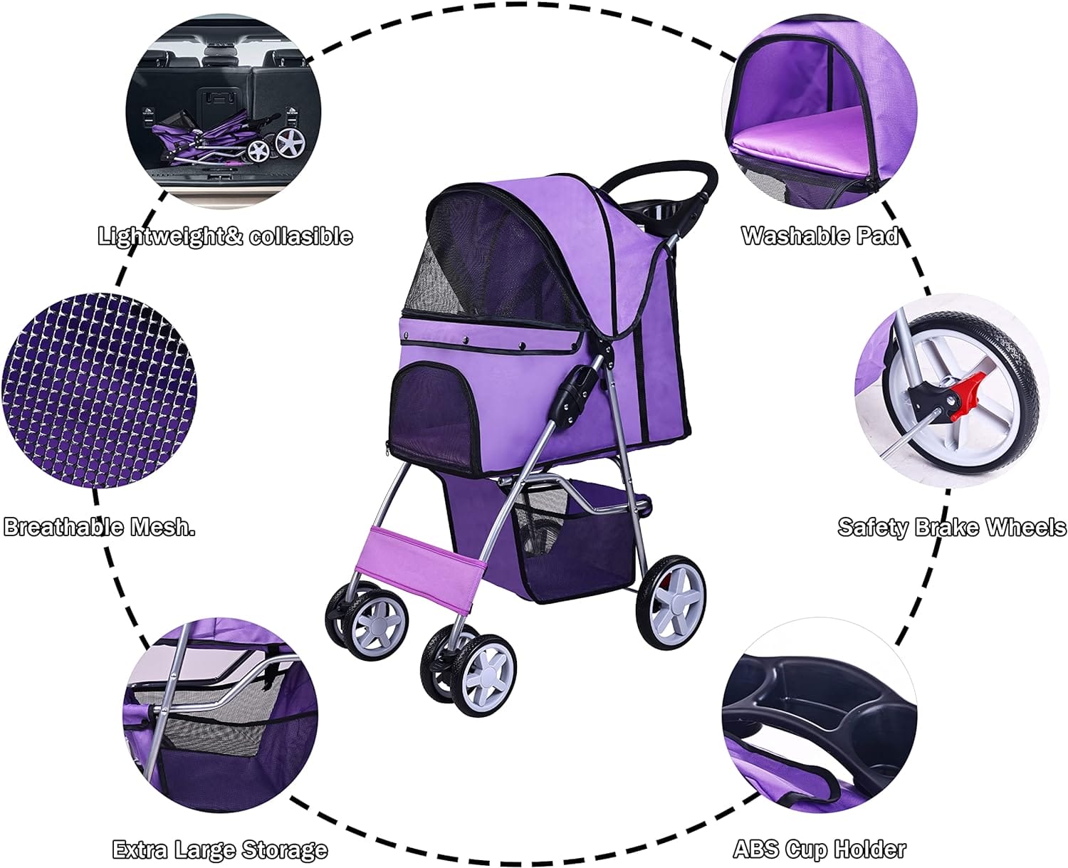 Elevon Pet Stroller, 4 Wheels Multifunction Dog Cat Stroller, Folding Portable Travel Stroller with Detachable Carrier, Suitable for Medium Small Dogs Cats, Purple