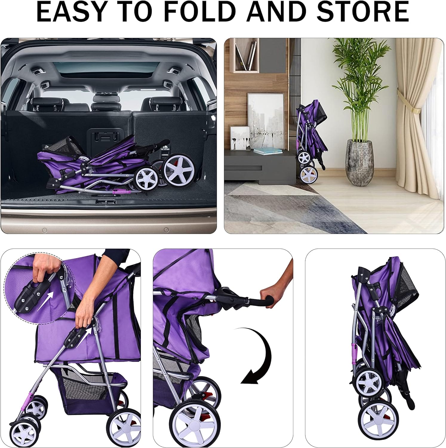 Elevon Pet Stroller, 4 Wheels Multifunction Dog Cat Stroller, Folding Portable Travel Stroller with Detachable Carrier, Suitable for Medium Small Dogs Cats, Purple