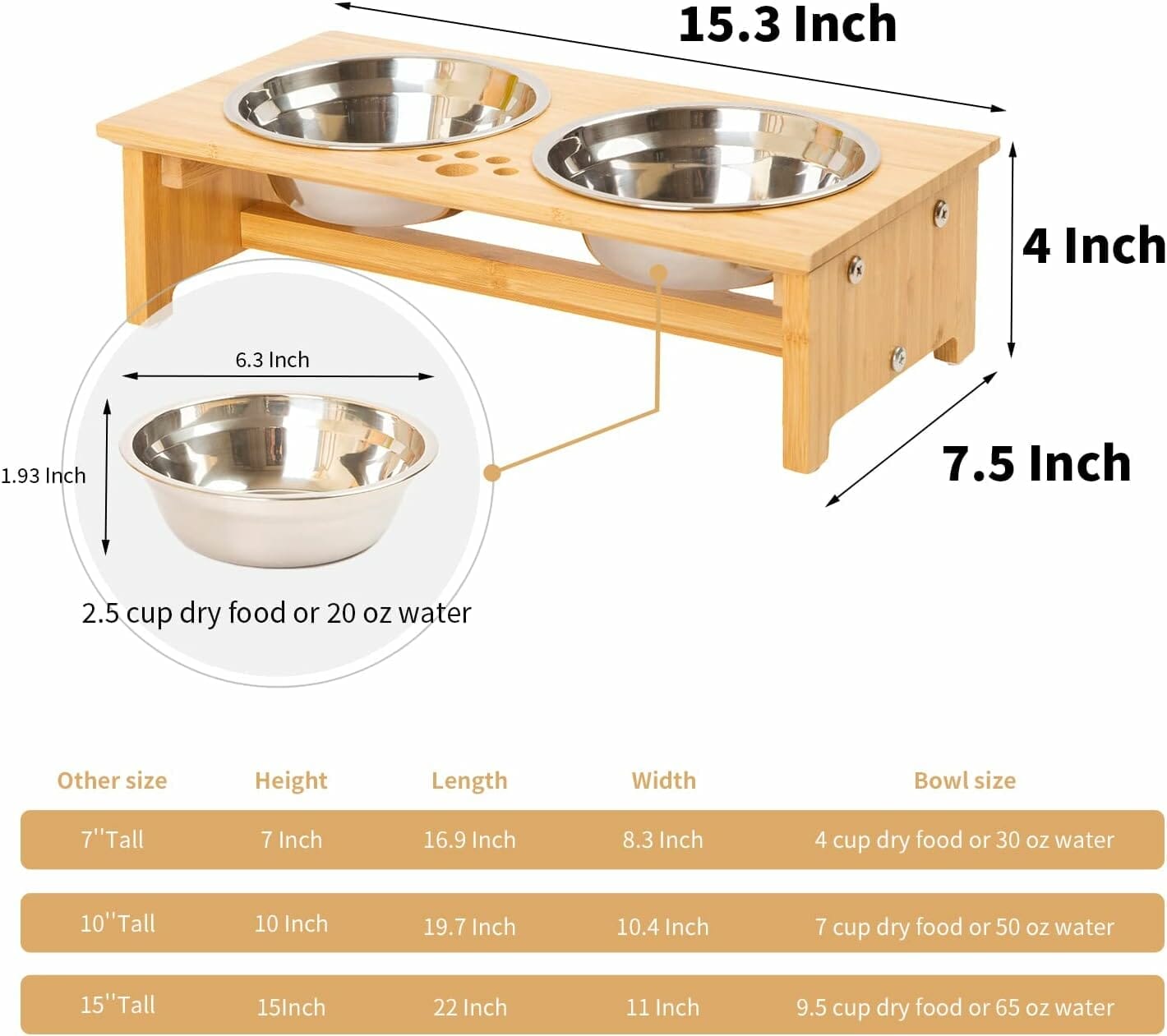 FOREYY Raised Pet Bowls for Cats and Small Dogs, Bamboo Elevated Dog Cat Food and Water Bowls Stand Feeder with 2 Stainless Steel Bowls and Anti Slip Feet (4 Tall-20 oz Bowl)