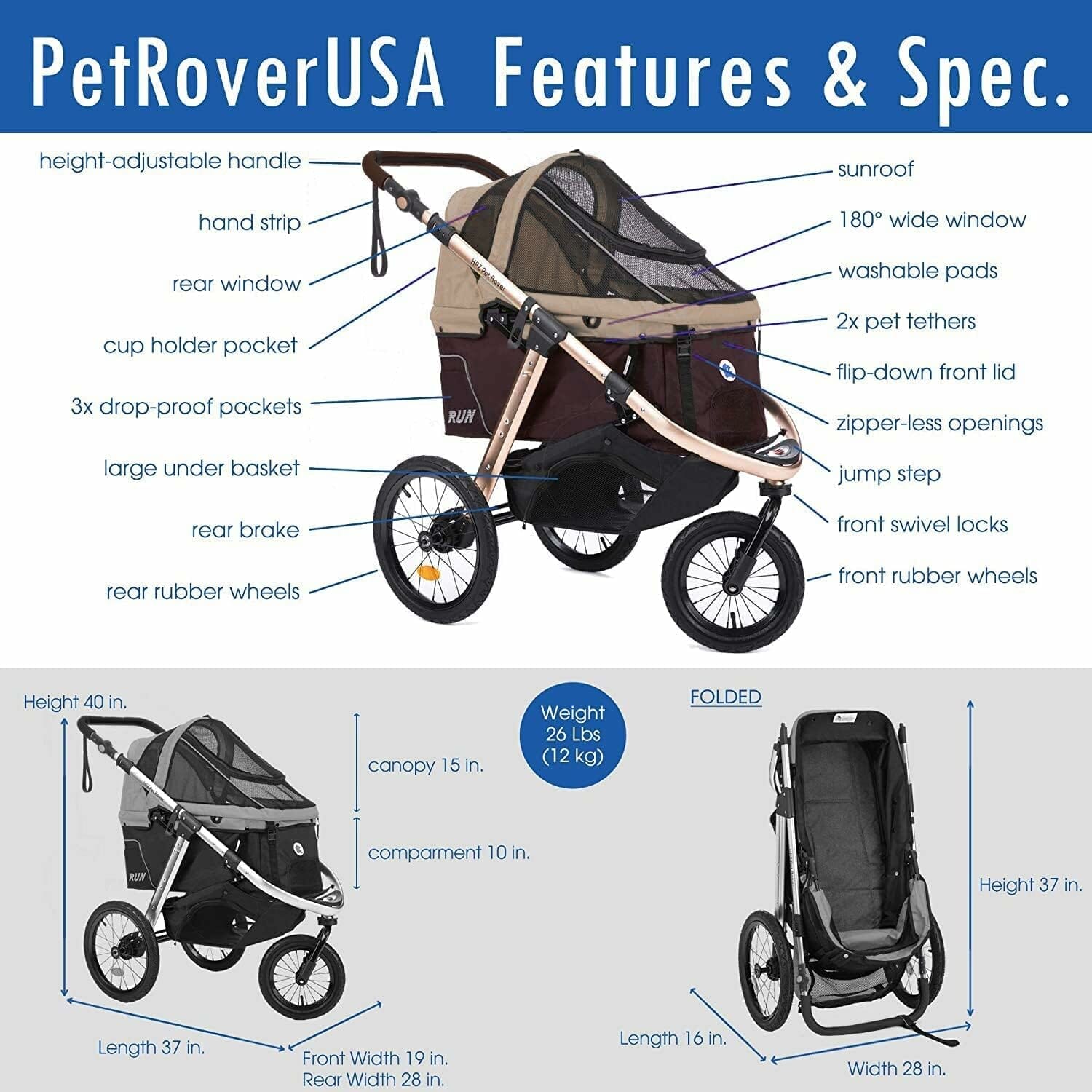 HPZ Pet Rover Run Performance Jogging Sports Stroller with Comfort Rubber Wheels/Zipper-Less Entry/1-Hand Quick Fold/Aluminum Frame for Small/Medium Dogs, Cats and Pets (Taupe)