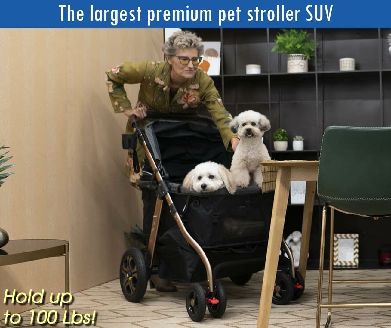 HPZ Pet Rover Titan-HD Premium Super-Sized Dog/Cat/Pet Stroller SUV Travel Carriage/w Access Ramp/100Lbs Capacity/Pumpless Rubber Wheels/Aluminum Frame for Small, Med, Large, XL Pets (Taupe)