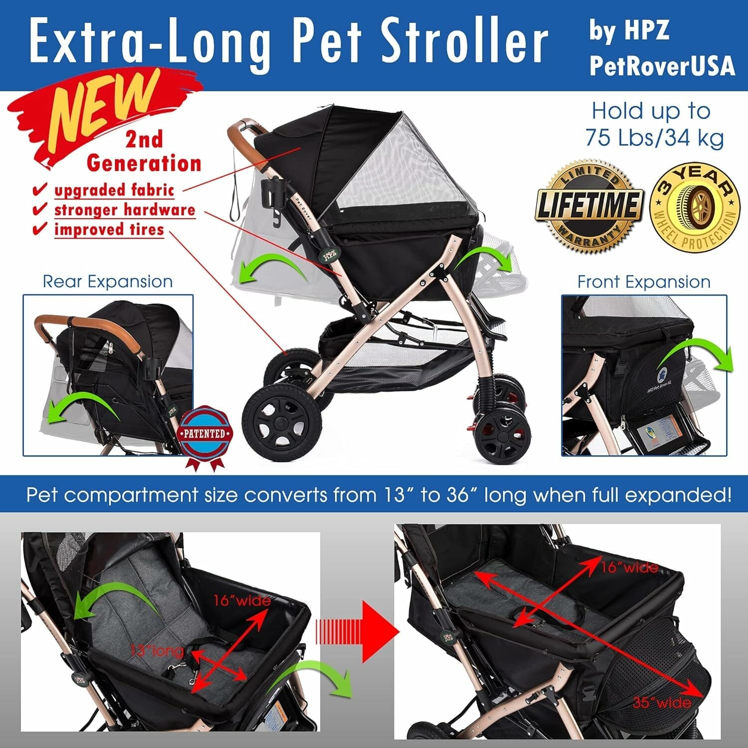 HPZ-PR America HPZ Pet Rover Premium Heavy Duty DogCat Stroller Travel Carriage CompartmentZipperless EntryPump-Free Rubber Tires Small, Medium, Large Pets (Black 2nd-Gen.), X-Large (Pack of 1)