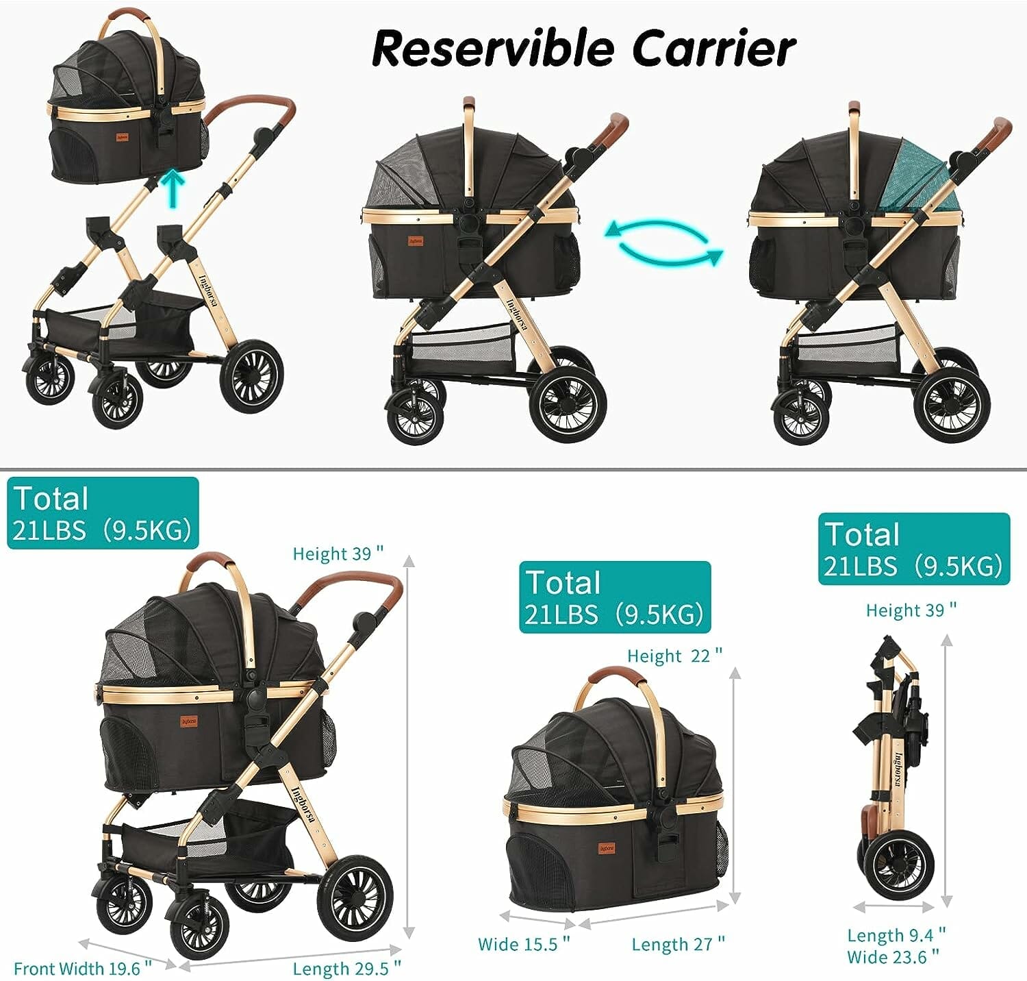 Ingborsa Pet Stroller, Dog Stroller for Medium Small Dog with Storage Basket Foldable Lightweight Dog Carrier Trolley.Basket can be Used Alone. Pump-Free Rubber Tire/Reversible Aluminum Frame