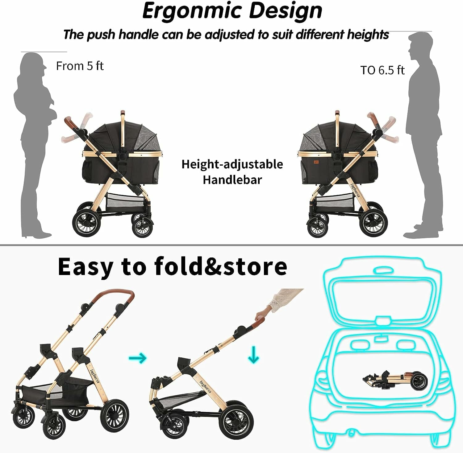 Ingborsa Pet Stroller, Dog Stroller for Medium Small Dog with Storage Basket Foldable Lightweight Dog Carrier Trolley.Basket can be Used Alone. Pump-Free Rubber Tire/Reversible Aluminum Frame