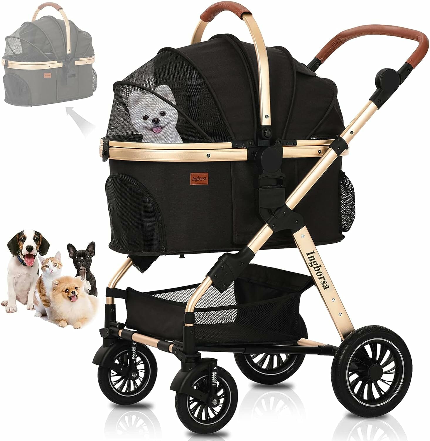 Ingborsa Pet Stroller, Dog Stroller for Medium Small Dog with Storage Basket Foldable Lightweight Dog Carrier Trolley.Basket can be Used Alone. Pump-Free Rubber Tire/Reversible Aluminum Frame