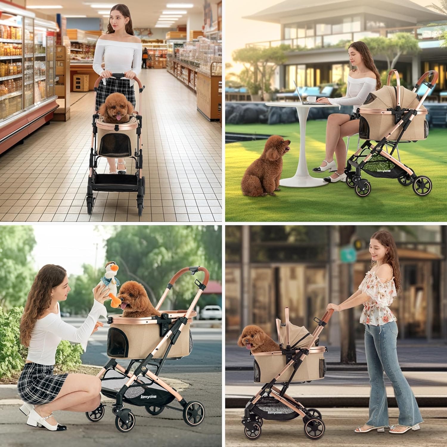 Kenyone 3-in-1 Pet Stroller for Small Medium Dogs Puppy Cat Stroller with Detachable Carrier  Pad Lightweight Foldable Aluminum Alloy Frame Dual No-Zip Entry(Khaki)