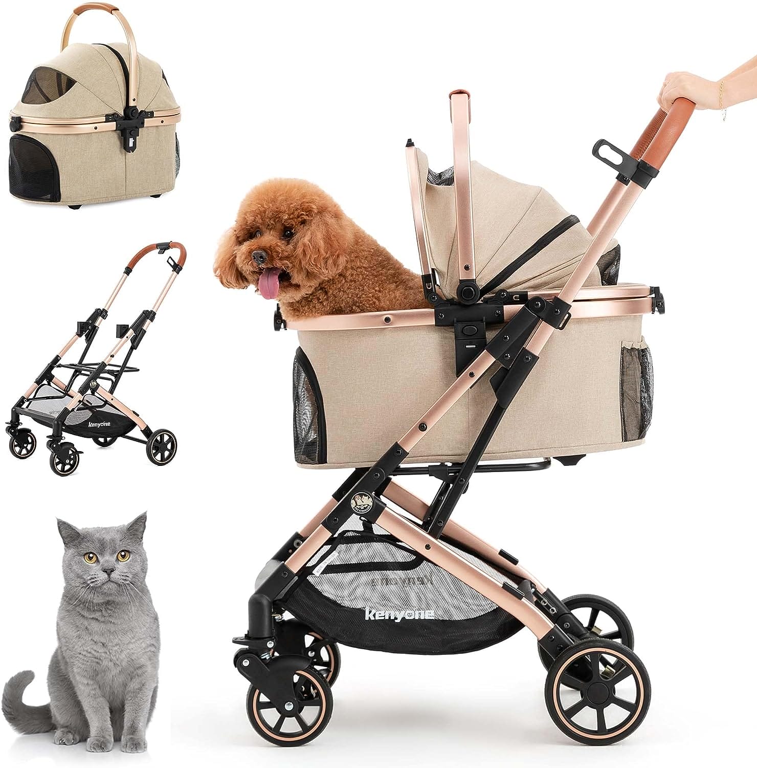 Kenyone 3-in-1 Pet Stroller for Small Medium Dogs Puppy Cat Stroller with Detachable Carrier  Pad Lightweight Foldable Aluminum Alloy Frame Dual No-Zip Entry(Khaki)