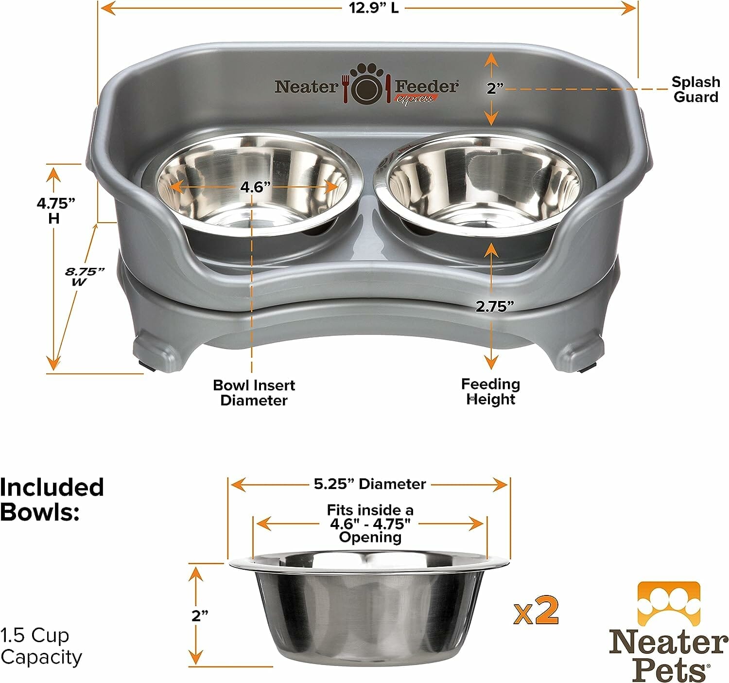 Neater Feeder Express by Neater Pet Brands - Mess Proof Pet Feeder with Stainless Steel, Drip Proof, No Tip and Non Slip Bowls (Small Dog, Gunmetal)