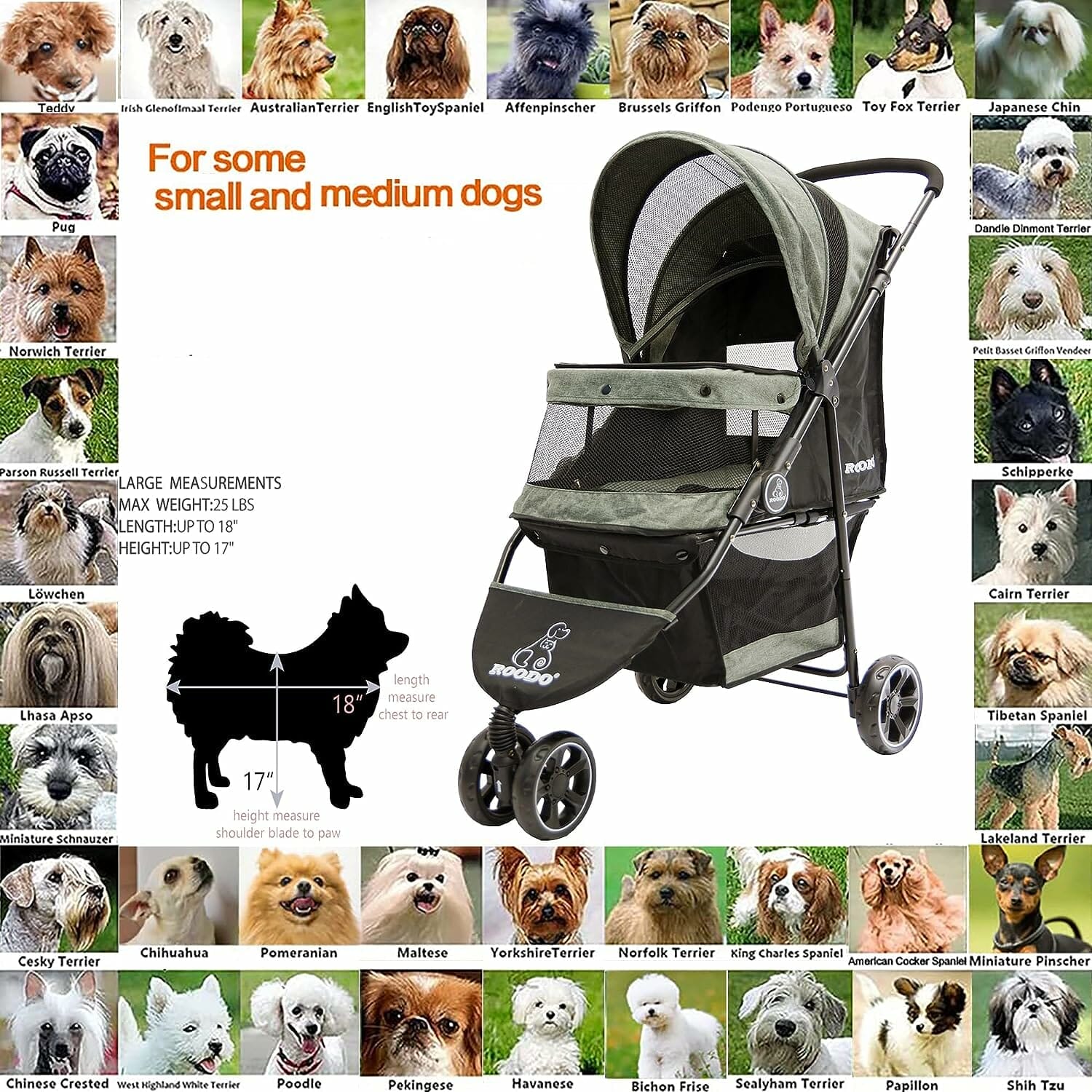 ROODO Dog Stroller Pet Stroller Lightweight Multifunctional Foldable Portable Compact Jogger Buggy Three-Wheeled Pet Gear Puppy Travel pram Stroller for Medium Small Dogs and Cats (Cationic ash)