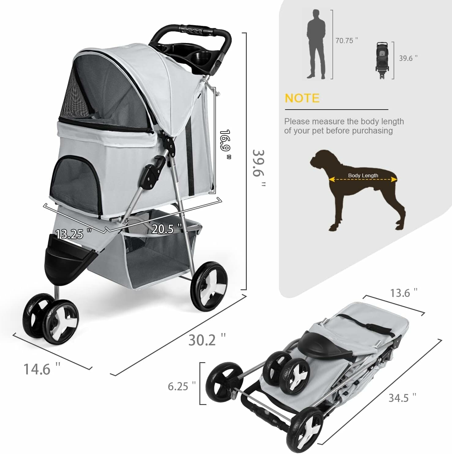 Wedyvko Pet Stroller, 3 Wheel Foldable Cat Dog Stroller with Storage Basket and Cup Holder for Small and Medium Cats, Dogs, Puppy (Grey)