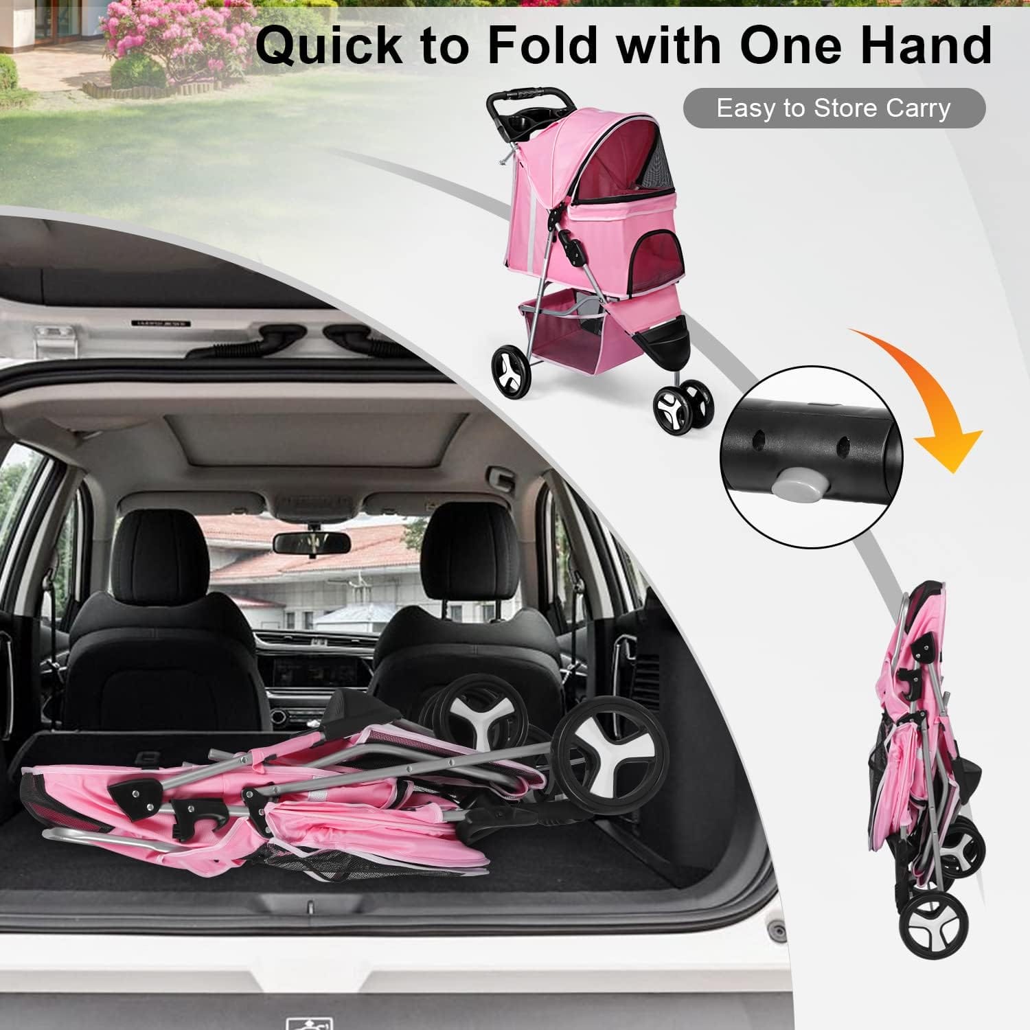 Hlzds Pet Stroller - 3 Wheels Dog Cat Cage Stroller Folding for Small Medium Dogs Travel Waterproof Puppy Stroller with Cup Holder  Removable Liner (Pink)